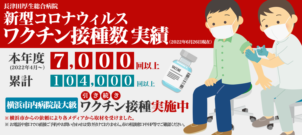 長津田厚生総合病院の新型コロナウイルスワクチン接種数実績（2022年6月26日現在）について。本年度(2022年4月～）は7,000回以上、累計では104,000回以上となりました。当院では現在も引き続き接種（1～4回目）を行っています。
